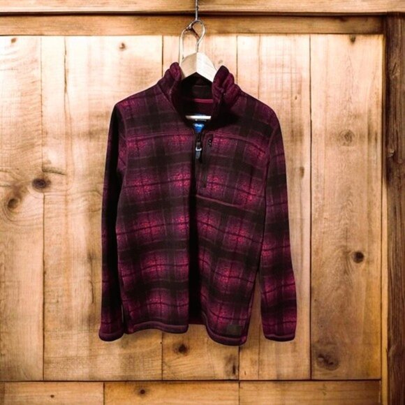 SUPER COZY RED PLAID ZIP FRONT with pocket sweat sweater top SZ L VGUC - Picture 1 of 7